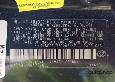 2011 Toyota Camry Le from USA, damaged, VIN 4T4BF3EK7BR206447